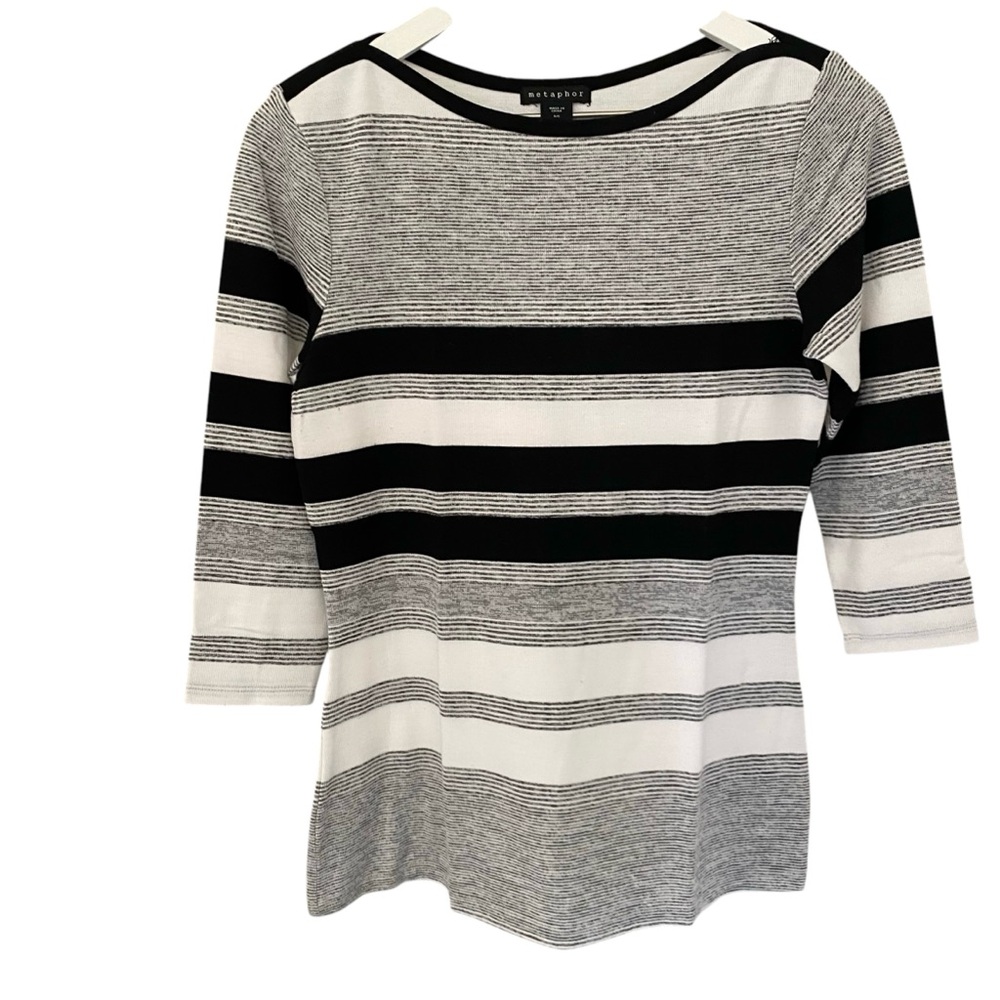 Metaphor Women’s Classic Black White Gray Stripes 3/4 Sleeves Blouse Size Small